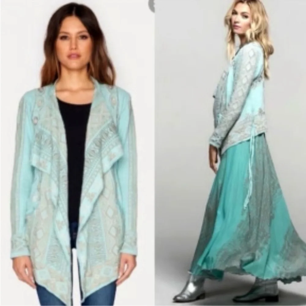 Johnny Was BIYA Embroidered Turquoise Open Front Cardigan Jacket Pockets Belt M - Picture 2 of 9